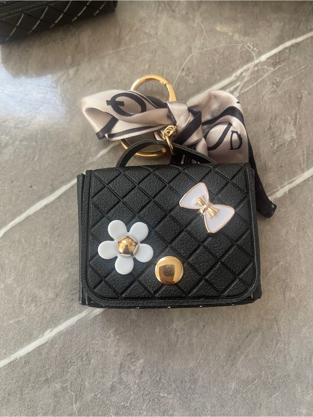 Black Quilted Mini Purse Charm and airpods bag, with White Flower & Bow Accents